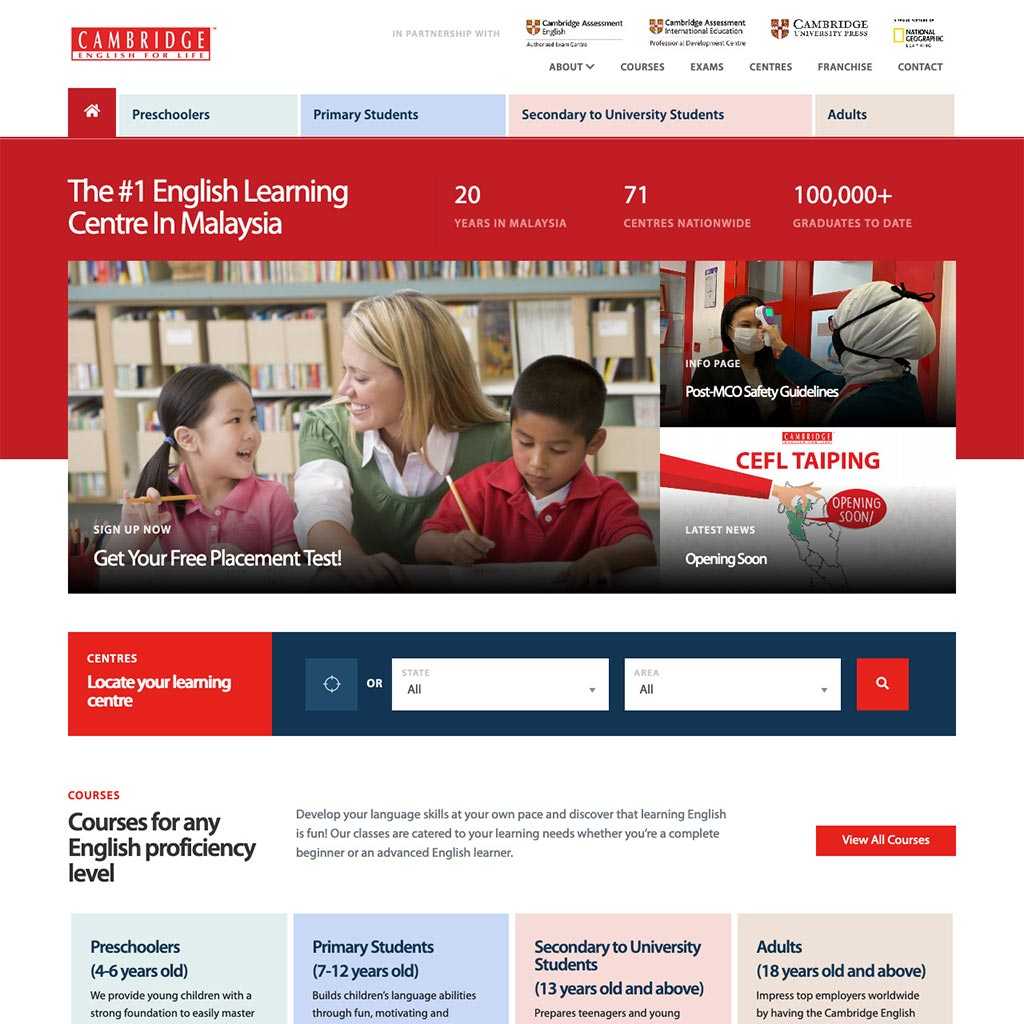 Simple and clean website design for Cambridge English For Life on desktop view.