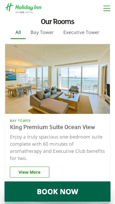 Simple and clean website design for Holiday Inn Hotels on mobile view.