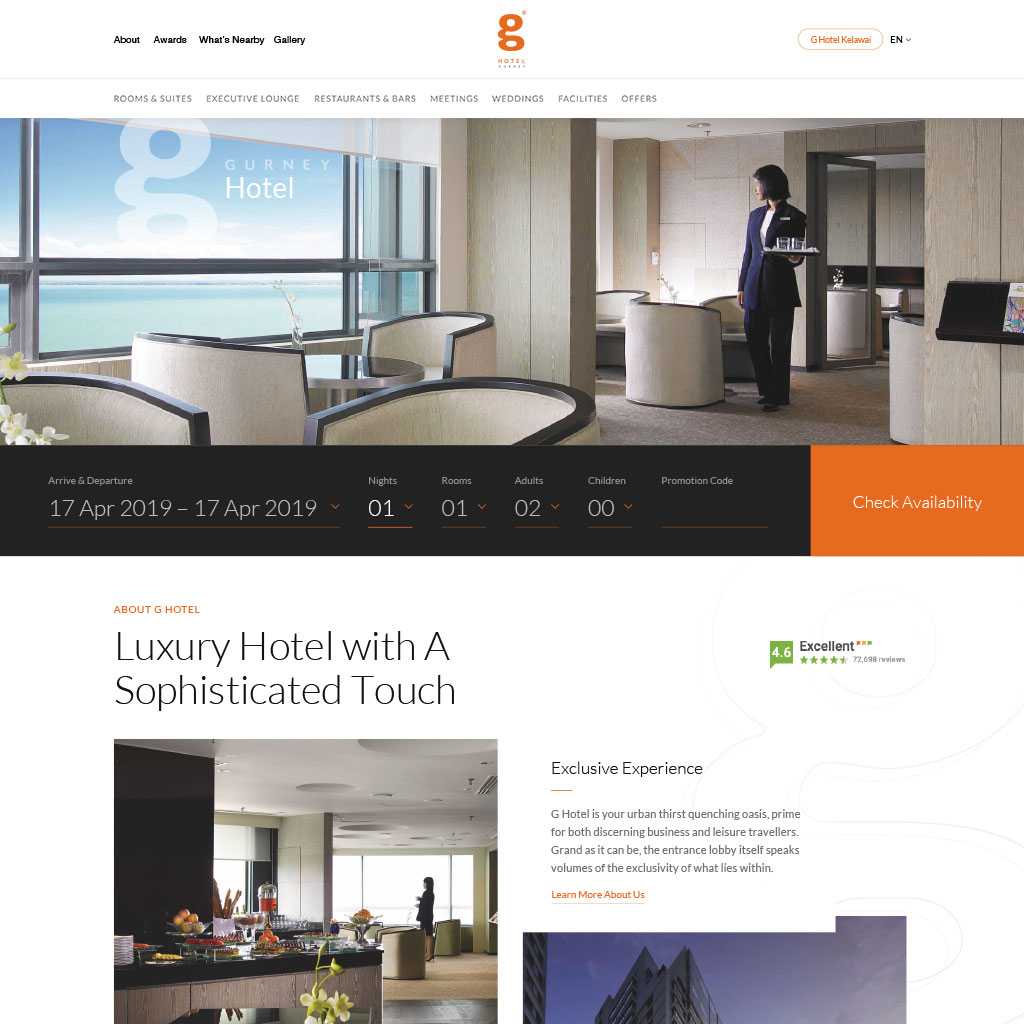 Simple and clean website design for G Hotel on desktop view.